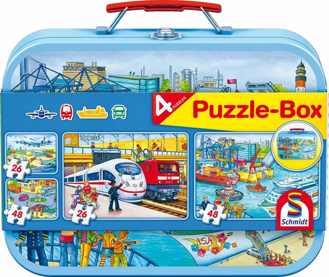 Transport Puzzle 4-in-1 in a Tin Suitcase