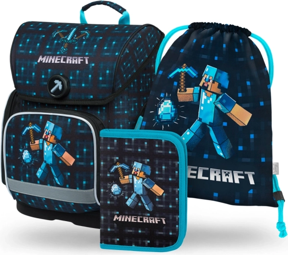 Školní set BAAGL ERGO MINECRAFT Blue Axe – aktovka, penál a sáček