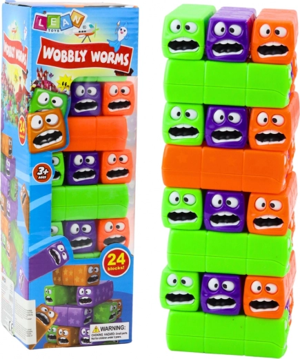 Dexterity game tower with 24 colorful blocks and faces