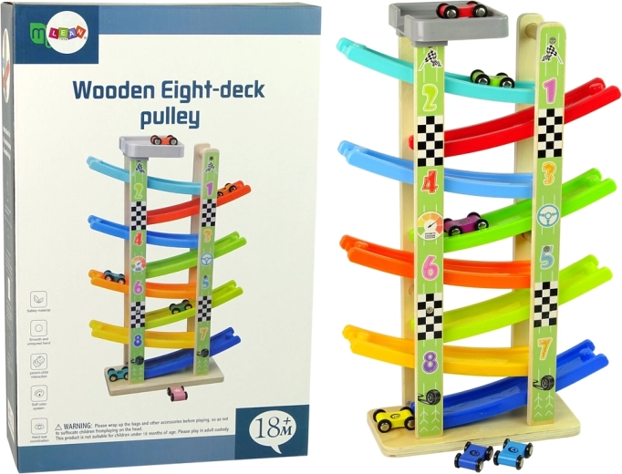 Wooden racing track with cars, 8 levels