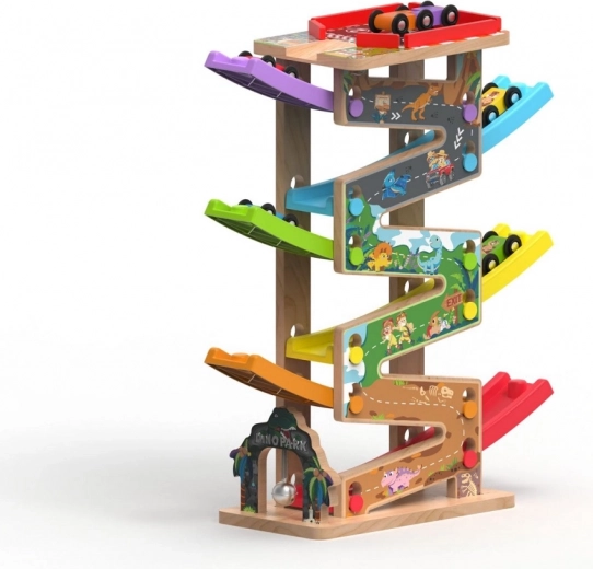 Large wooden racing track with 6 ramps for children