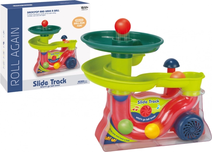 Interactive ball fountain with sounds, colorful downhill track