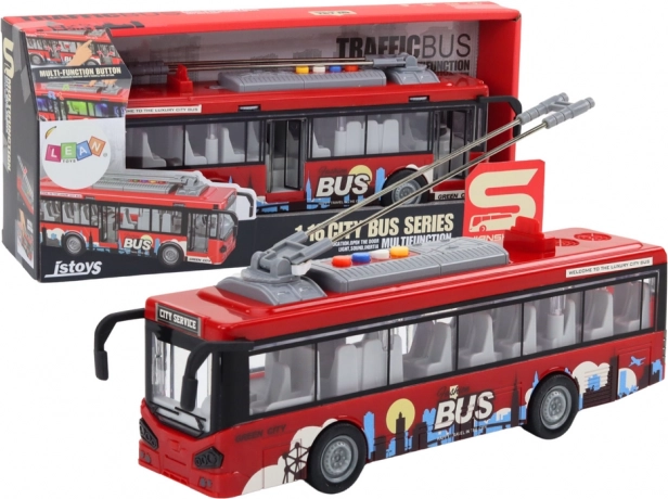 Červený trolejbus 1:16 so svetlami, zvukmi a frikčným pohonom