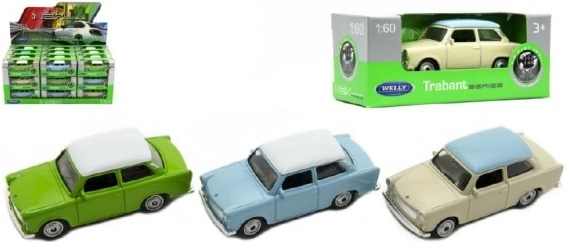 metal model trabant 1:60 by welly, 7 cm, freewheel, color mix