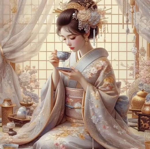 Diamant-Malerei Japanerin mit Teetasse 30 × 40 cm