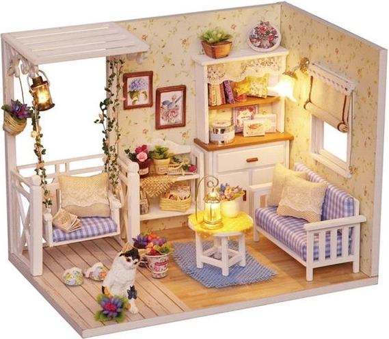 Maison de poupée en bois rétro – modèle DIY avec LED, 13 cm