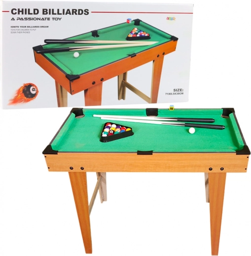 Mini wooden billiards table with set of balls, cues, triangle, and chalk