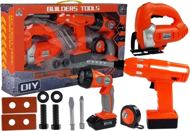 Sæt med børneværktøj med batteriboremaskine, stiksav og lommelygte – 12 dele
