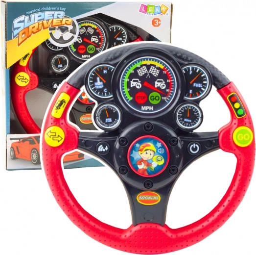 Interactive kids' steering wheel with sound, light, and vibration effects - red