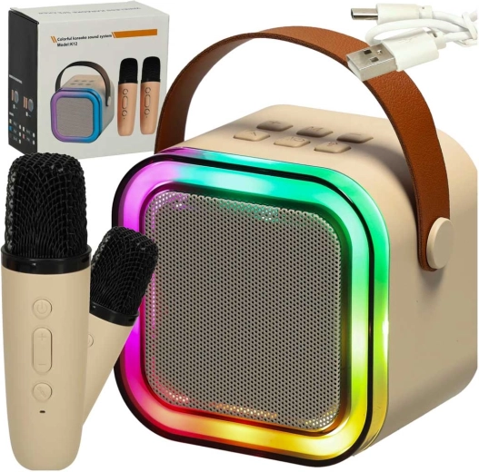 Set karaoké avec haut-parleur Bluetooth, 2 microphones et éclairage LED 6 W – beige