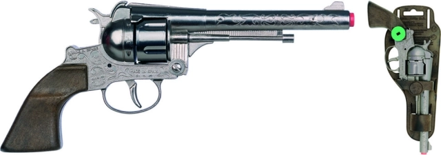 Zilveren cowboyrevolver, metalen - 12 schoten