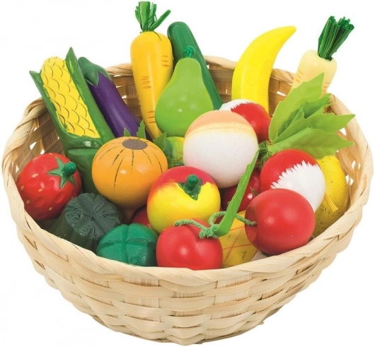 Frutta e verdura di legno nel cestino