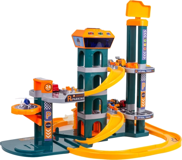 Stationnement à deux niveaux et piste en spirale