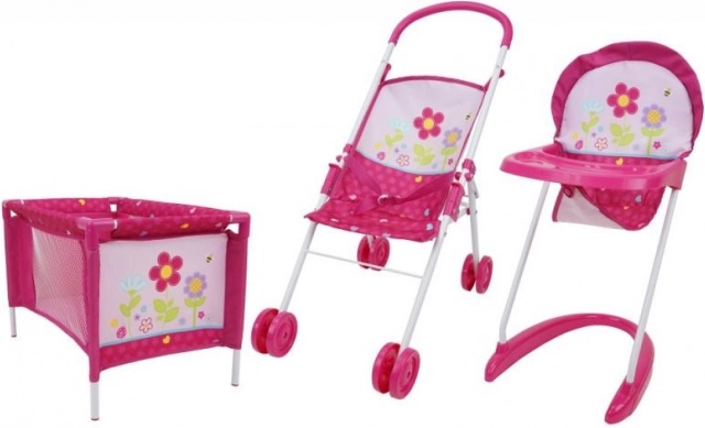 3-delige poppenset – buggy, kinderstoel en reisbedje Bloemen