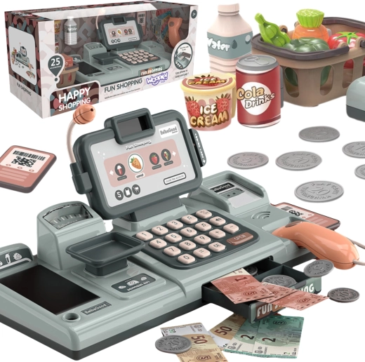 Children's cash register with scale, scanner, and basket for playing shop