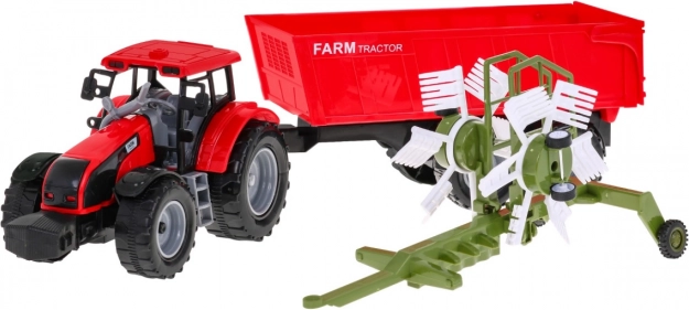 Detský farmársky traktor s vyklápacím prívesom a obracačom sena 3+ s friction pohonom