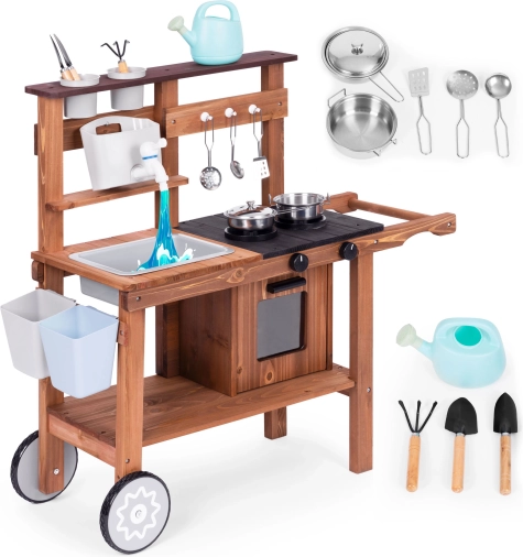 ECOTOYS kültéri saras játékkonyha gyerekeknek lucfenyőből, kiegészítőkkel