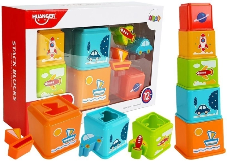 Stacking cups with vehicle images and sorter for babies