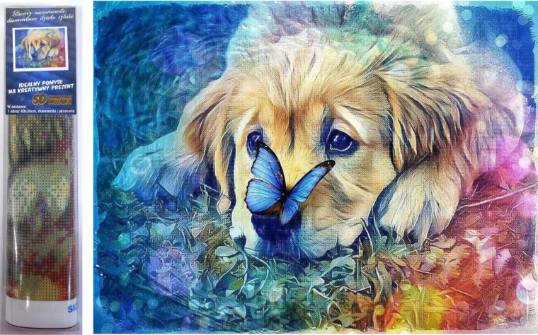 Diamantové malování – pes s motýlem 30 × 40 cm