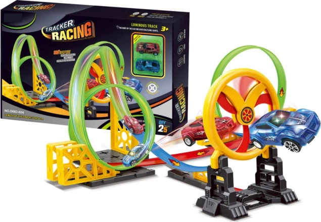 Racing Track for Kids with Moving Hoop and 2 LED Cars with 3 Loops