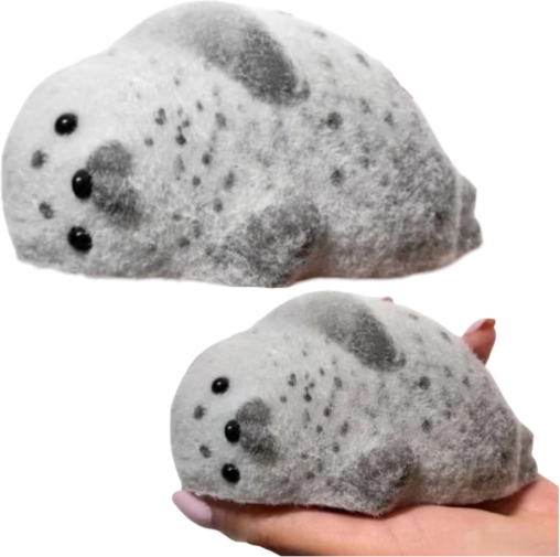 Silikonový antistresový gniotek tuleň s jemnou srstí, šedý 12 cm