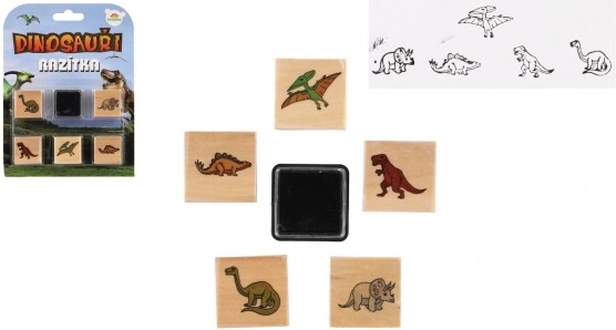 Wooden dinosaur stamps 5+1 with ink pad, 3 × 3 cm
