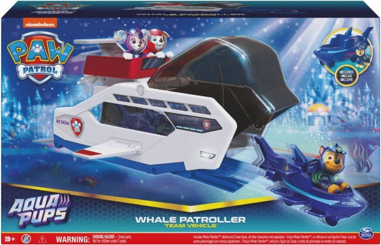 PAW Patrol Aqua Pups walvis-patrouillevoertuig met figuur van Chase en lanceerbaar voertuig