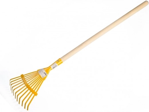 Dziecięce grabie wachlarzowe z drewnianym trzonkiem 80 cm – żółte