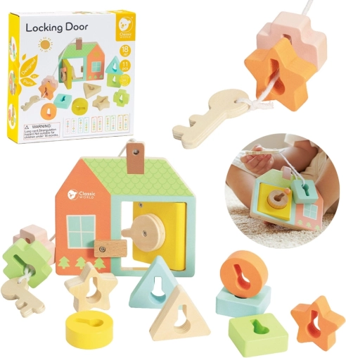 Classic World Montessori infilatura di legno chiavi e porte 11 pezzi