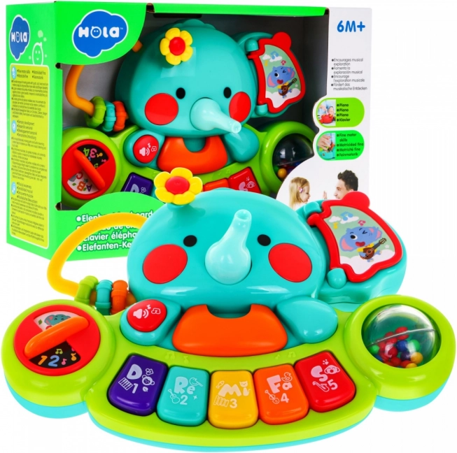 Interaktiver Elefant mit Mini-Klavier für Kinder 6M+ – musikalisches Spielzeug und Rassel