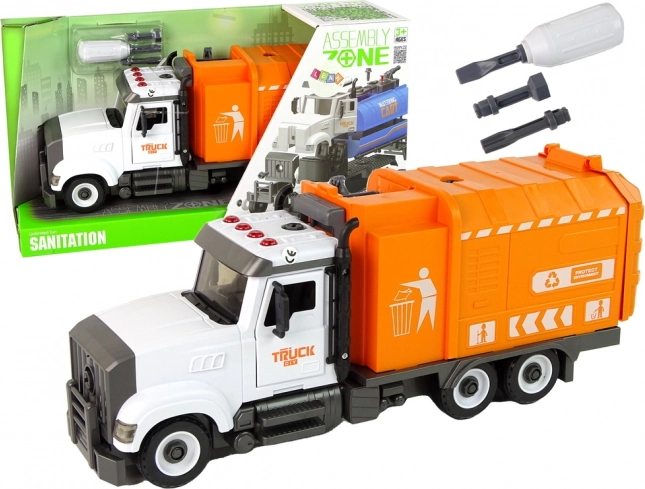 Screw-together garbage truck with accessories, orange