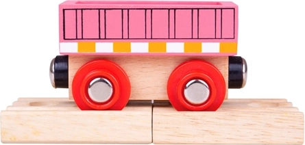 Pink BIGJIGS RAIL Wagon with Magnetic Couplers and 2 Wooden Track Pieces