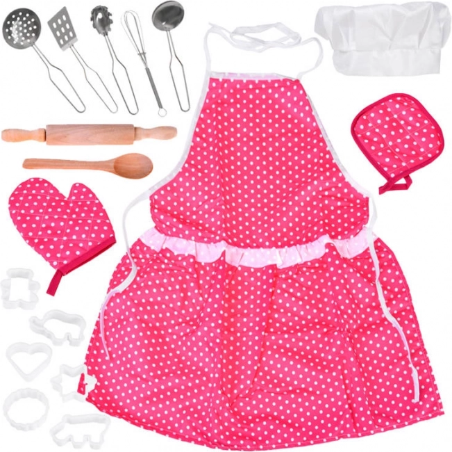 Gyermek szakácskészlet pöttyökkel – kötény, sapka, eszközök és kiszúrók