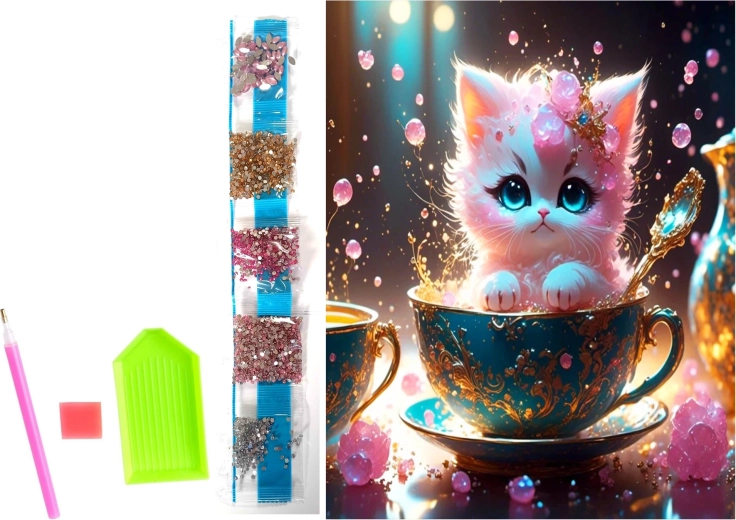 Diamond Painting on Canvas – Kitten in a Teacup 23 × 30 cm