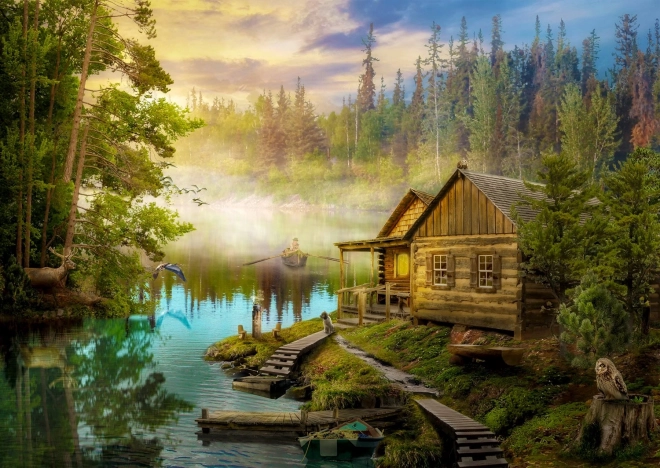 Enjoy Puzzle Log Cabin by the River – 1000 Pieces