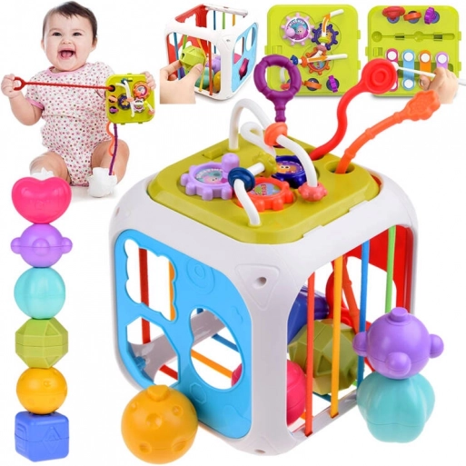 Educational activity cube with shape sorter and chimes