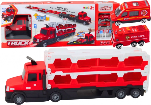 2-in-1 Heavy-Duty Car Transporter with Extendable Racetrack, Lights and Sounds – Red
