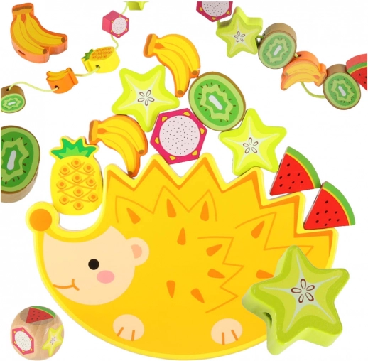 Montessori balancing game wooden hedgehog with lacing fruit blocks