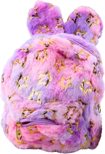 Children's Plush Backpack with Ears and Golden Stars Purple-Pink