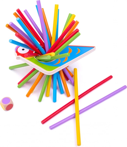 Jeu d'équilibre en bois coloré en forme de perroquet