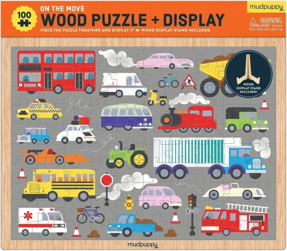mudpuppy wooden puzzle vehicles with stand 100 pieces