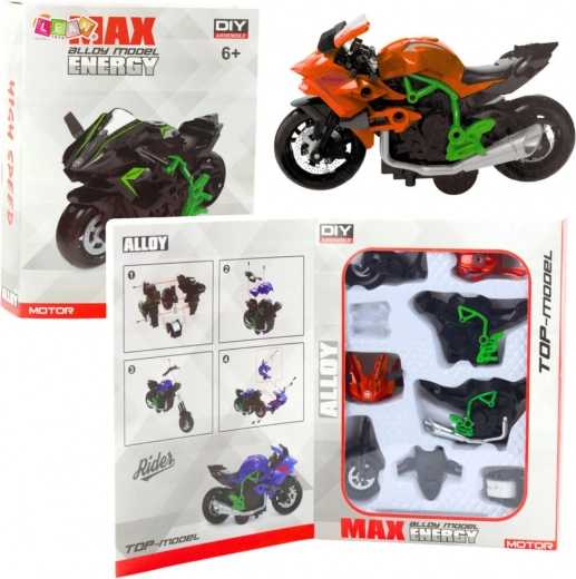 Kovový motocykel na zostavenie 1:14 zeleno‑oranžový DIY