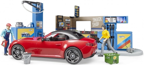 Bruder gas station with sports car and 2 figures