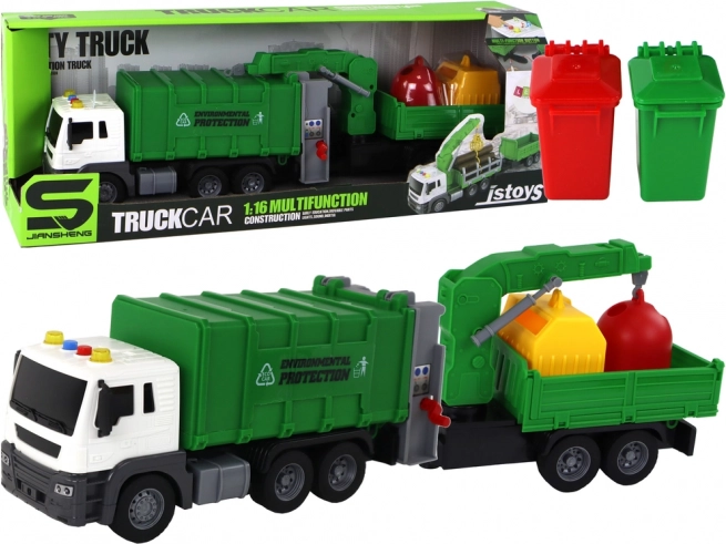 Vuilniswagen Kraan Aanhanger met terugtrekmechanisme met geluiden groen 1:16