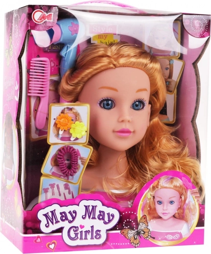 Styling head with blonde hair and accessories