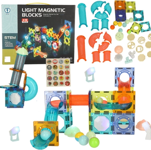Magnetic building blocks with a light-up marble run – 49 elements
