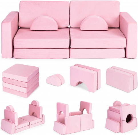 Large two-seater modular folding DIY kids’ sofa with 10 soft cushions - pink ECOTOYS