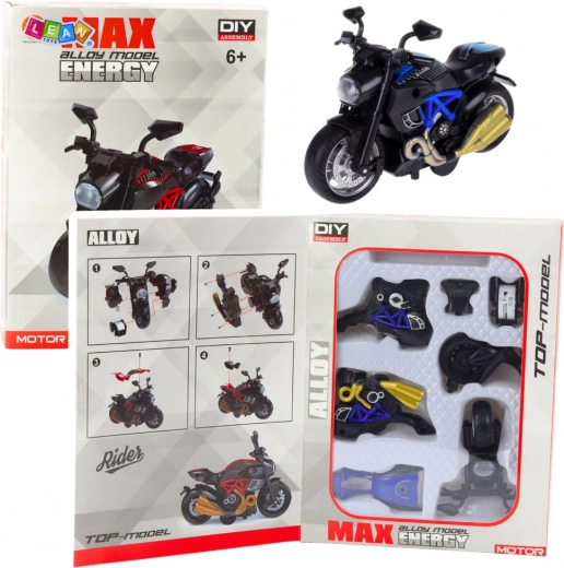 Kovový motocykel na zostavenie 1:14 – modrý DIY model