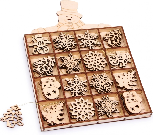 Wooden Christmas ornaments in a box