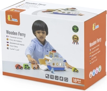 Wooden ferry with cars and crew